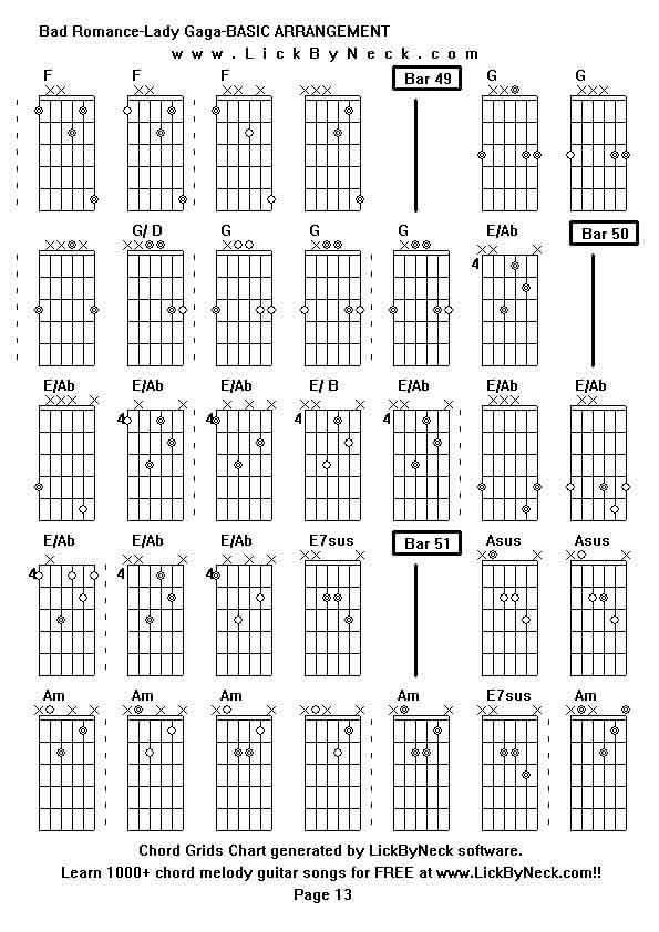 Chord Grids Chart of chord melody fingerstyle guitar song-Bad Romance-Lady Gaga-BASIC ARRANGEMENT,generated by LickByNeck software.